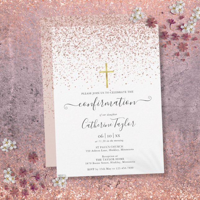 Modern bekräftelse med roséguld glitter inbjudningar (Modern Rose Gold Glitter Confirmation Invitation)