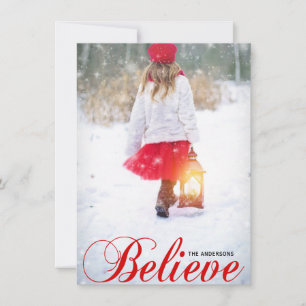 Modern BELIEVE Jul Red Snöflingor FOTO Julkort