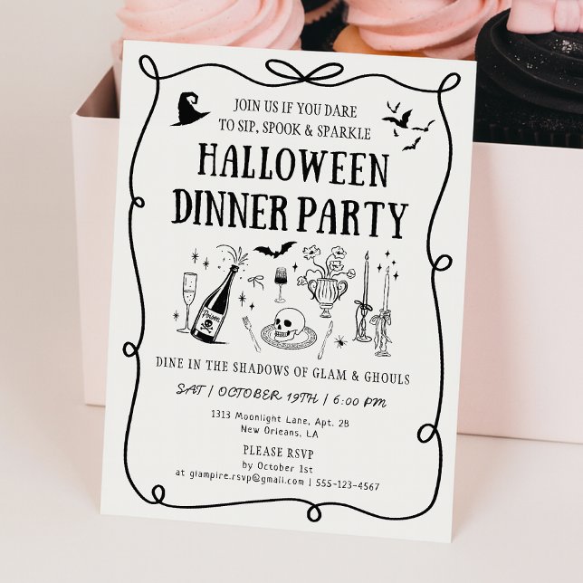 Modern, benvit bos & Bows Halloween-middag Inbjudningar (Skapare uppladdad)