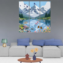 Modern Bergsjötriptyk Väggkonst
