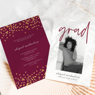 Modern Berry Faux Guld Dots Photo Studentfest Inbjudningar