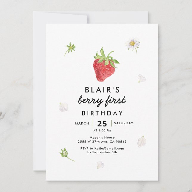 Modern berry First Birthday Strawberry Themme Inbjudningar (Framsida)