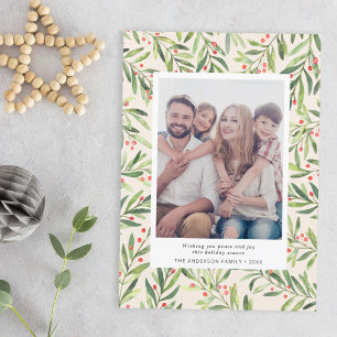 Modern Berry Greenery jul Photo Cream Julkort