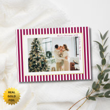 Modern Berry Red Stripes Photo Christmas Gold