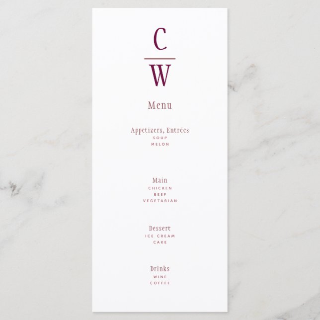 Modern Berry Vin Bröllop Monogrammed Meny (Framsida)