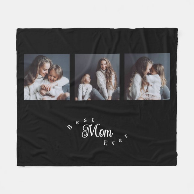 Modern Best Mom Ever Elegant Script Svart 3 Foto Fleecefilt (Framsidan (Horisontell))