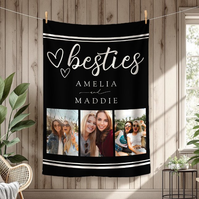 Modern Besties Photo Collage Black and White Fleecefilt (Modern Besties Photo Collage Black and White Fleece Blanket)