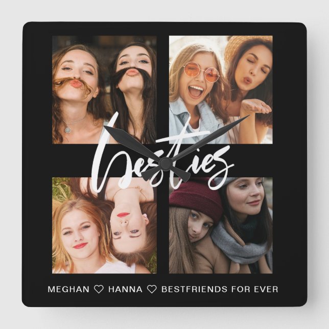 Modern Besties - svart fotokollaps - bästa vänner Fyrkantig Klocka (Framsida)