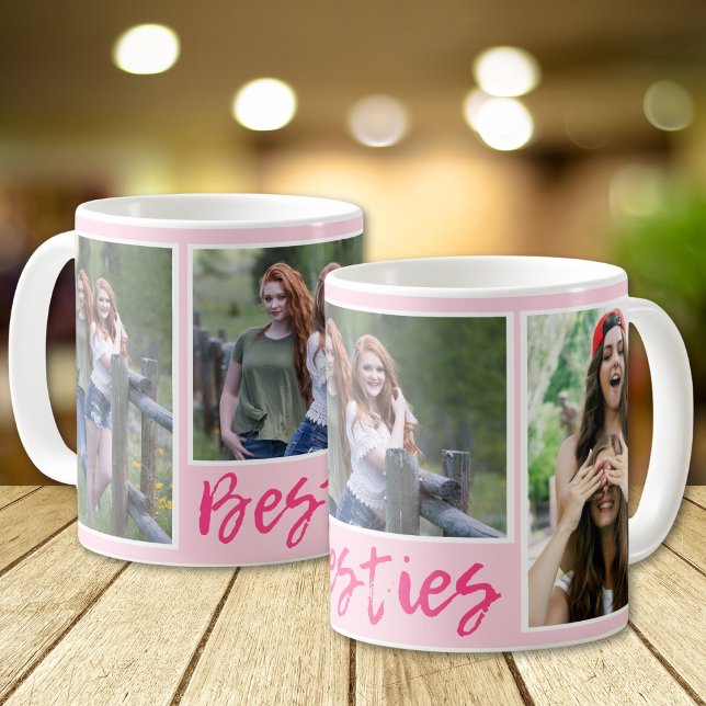 Modern Besties Typography 3 Photo Collage Pink Kaffemugg (Skapare uppladdad)