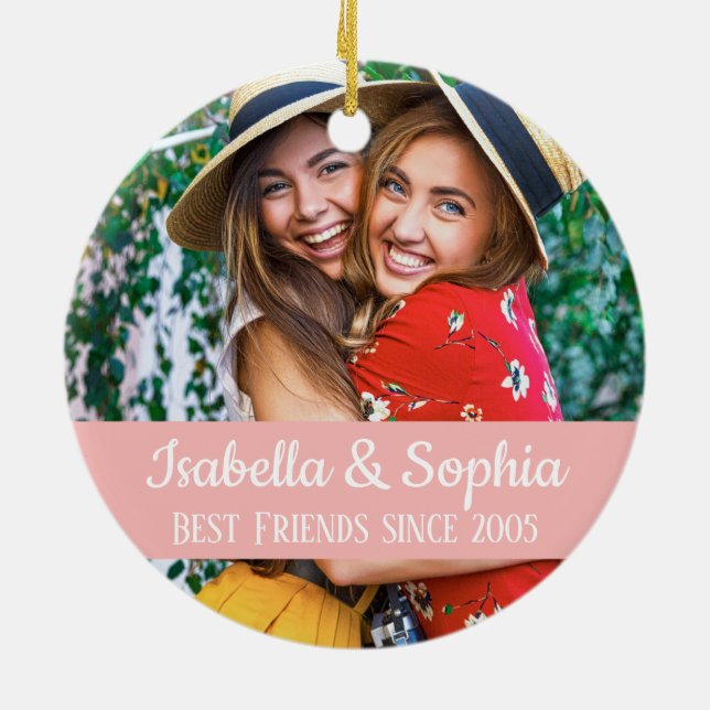 Modern BFF-foto, bästa vänner för alltid, trendig Julgransprydnad Keramik (Baksidan)