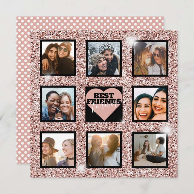 Modern BFF Photo Collage Ro Guld Glitter Julkort (Fram/baksida)