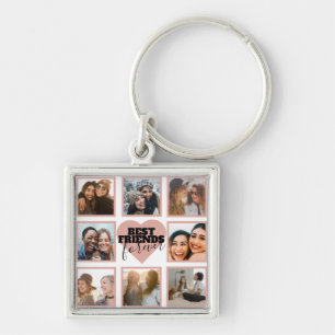 Modern BFF Photo Collage Ro Guld Heart Fyrkantig Silverfärgad Nyckelring