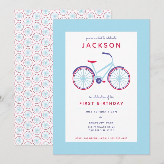 Modern Bicycle Blue och Red Birthday Inbjudningar (Fram/baksida)