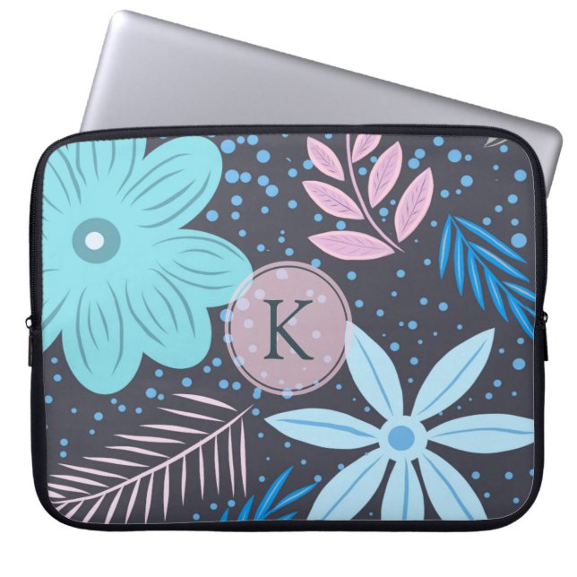 Modern Big Blue Flower Mönster Rosa Monogram Laptop Fodral (Framsidan)