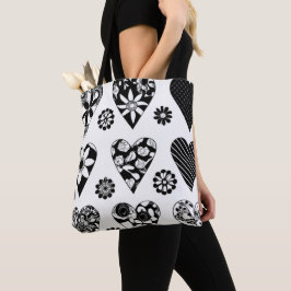Modern Big Hearts & Flowers Black & White Tygkasse