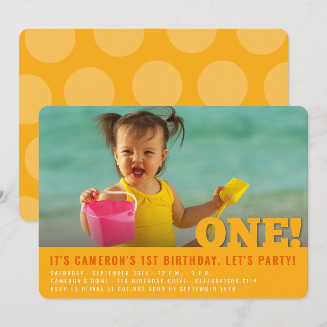 Modern Big ONE Roligt Flicka eller Boy First Birth Inbjudningar (Fram/baksida)