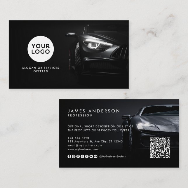 Modern bil/logotyp QR-kod & socialt media Visitkort (Fram/baksida)