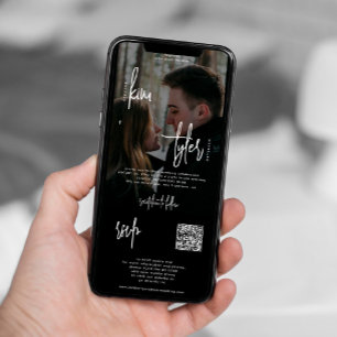 Modern bild allt i en QR-osa svart bröllop Inbjudningar