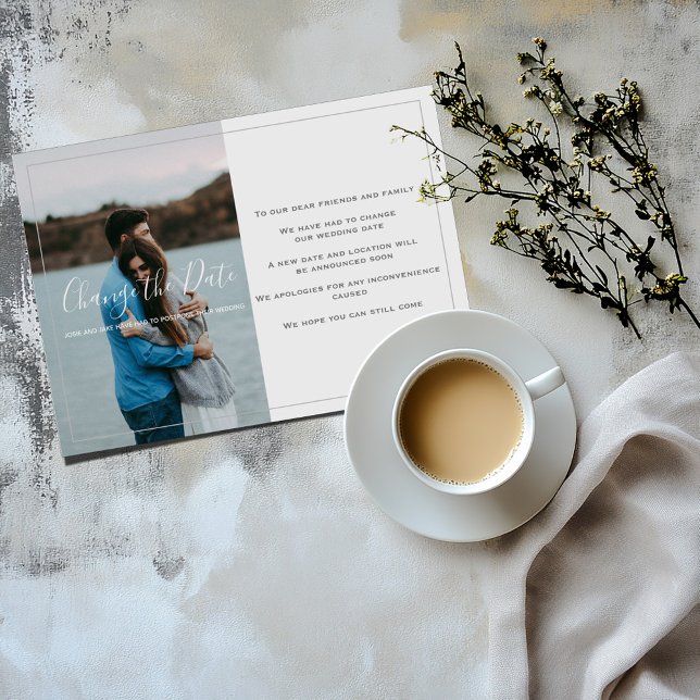 Modern bild, ändra datumkort tack kort (Photo "Change the Date" card with a modern thin frame and message)
