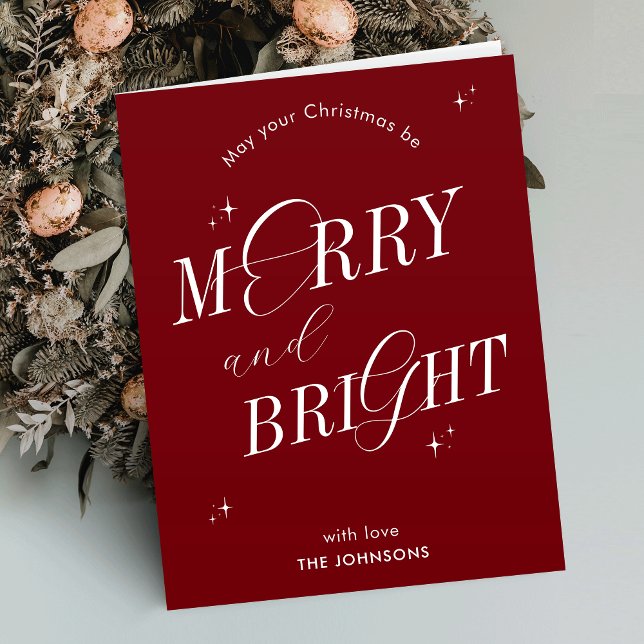 Modern bild utan foto av Merry & Bright Red Elegan Helgkort (Sophisticated Merry & Bright Christmas card with elegant calligraphy and custom message inside)