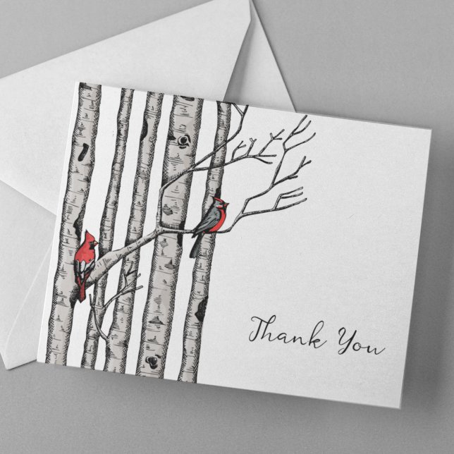 Modern Birch Träd och Red Birds Tack Anteckningskort (Chic, Modern Hand-Drawn Cardinals Perched on Birch Branches in Black Ink with Cross-Hatch Detailing.)