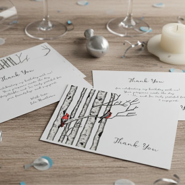 Modern Birch Träd och Red Birds Tack Anteckningskort (Elegant Red Cardinal Bird in Winter Birch Tree Forest Thank You Note Card for Christmas & Holidays)