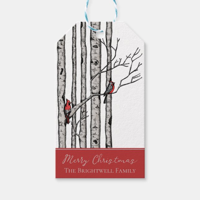 Modern Birch Träd och Red Cardinal Birds Gift Märk Presentetikett (Framsidan)