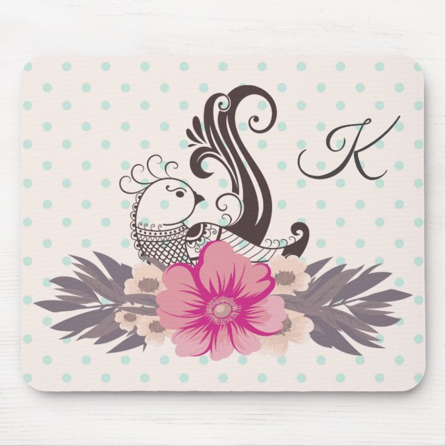 Modern Bird and Flora Dotty Monogrammed Musmatta (Framsidan)
