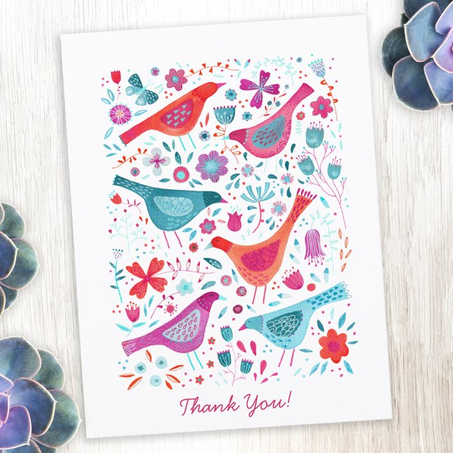 Modern Bird Blommigt Watercolor Tack Vykort (Modern watercolor bird thank you postcard)