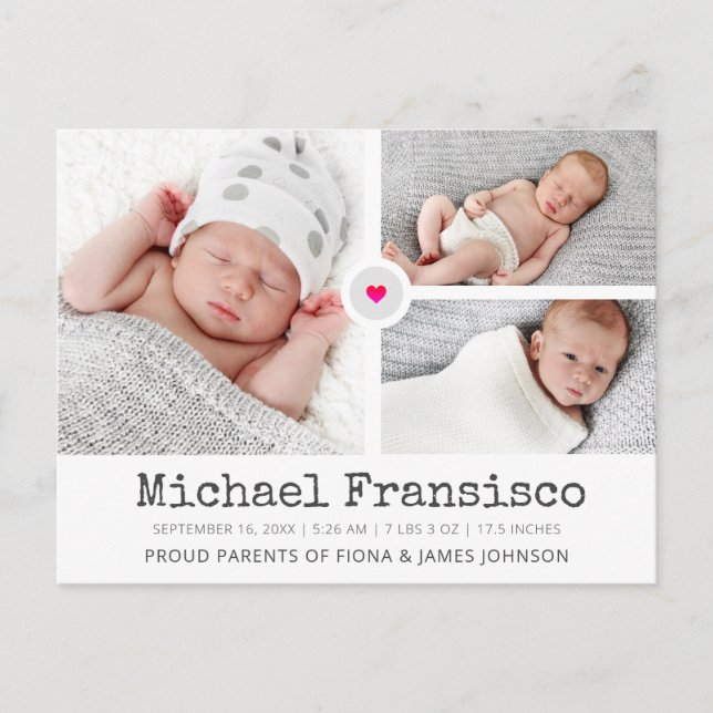 Modern Birth Announcement Photo Grid Collage Vykort (Framsida)