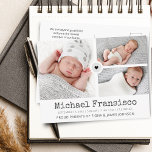 Modern Birth Announcement Photo Grid Collage Vykort<br><div class="desc">Modern ett av ett slags kort för födelseannonsering med dekorativt hjärta som kopplar fotona,  namn,  födelseinformation,  meddelande och 3 foton på ett rutnät. Anpassa baksidan eller ta bort texten för handskrivet meddelande. Ett vackert sätt att meddela er baby till vänner och familj.</div>