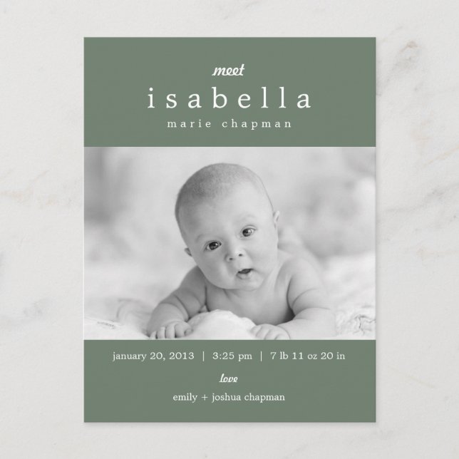 MODERN Birth Notice Meddelande Vykort (Framsida)