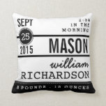 Modern Birth Pojke Personlig Nursery Pillow Kudde<br><div class="desc">En modern typografi som blandar typsnitt och stil med fetstil för att skapa en contemporary av baby födsel i svartvitt. Koordinerar svart och vit slumpmässig mönster på baksidan.</div>