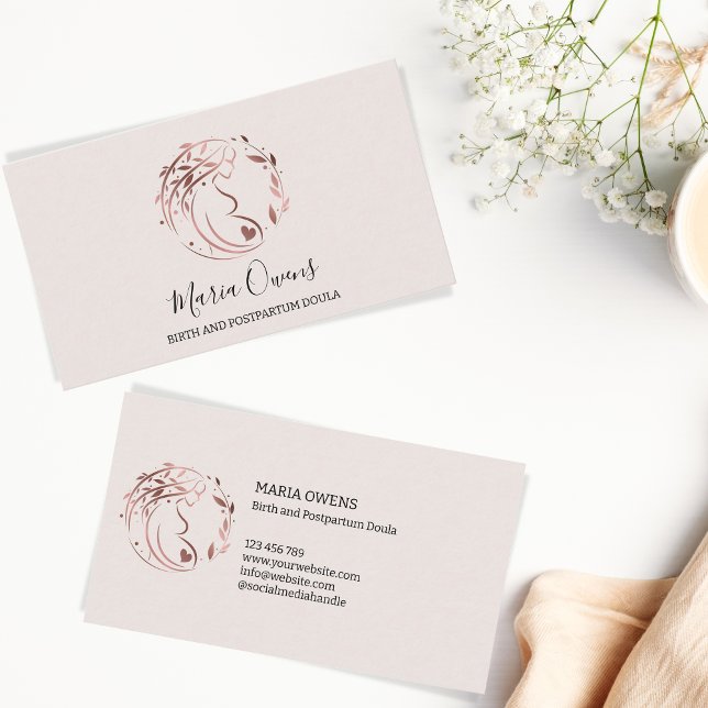 Modern Birth Postpartum Doula Midfru Amation Visitkort (doula rose gold floral woman with belly logo)