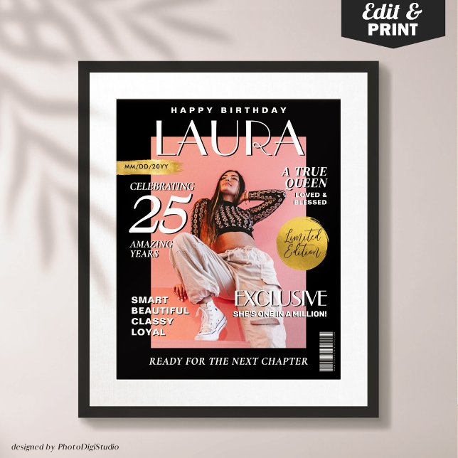 Modern Birthday Anpassningsbar Magazine Cover, Por Poster (Personalized Modern Birthday Poster Custom Magazine Cover, Fashion Portrait Poster)