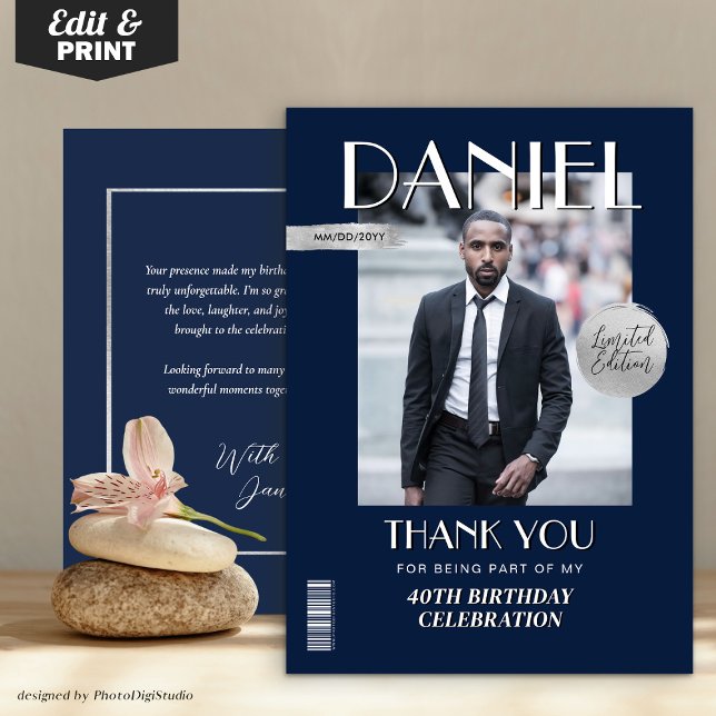 Modern Birthday Anpassningsbar Magazine Cover Tack Kort (Modern Birthday Custom Magazine Cover Thank You Card)