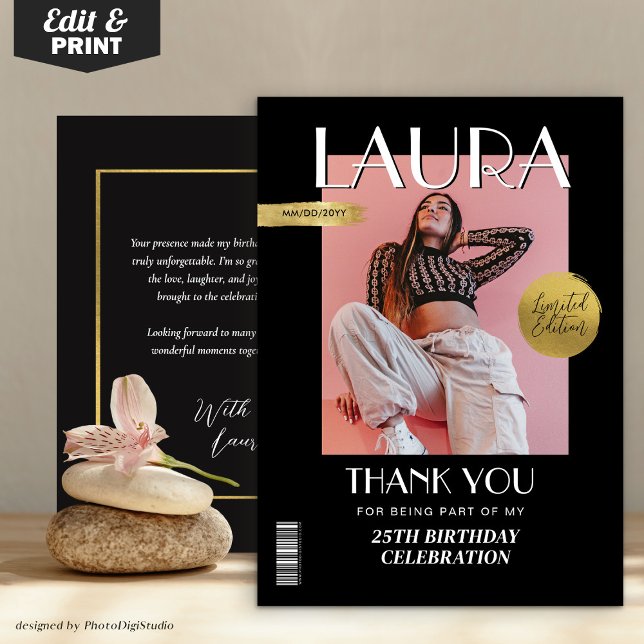 Modern Birthday Anpassningsbar Magazine Cover Tack Kort (Modern Birthday Custom Magazine Cover Thank You Card)