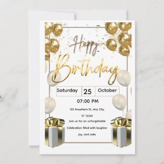 Modern Birthday Invitation Card with Golden Balloo Inbjudningar