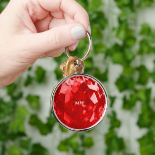 Modern Birthstone Ruby Namn Premium i juli Rund Silverfärgad Nyckelring