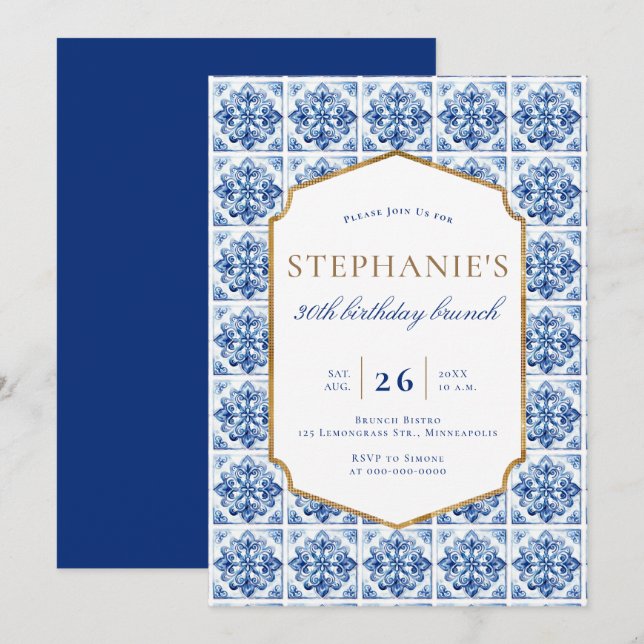 Modern Bistro Brunch Ram Blue Tile 30års födelseda Inbjudningar (Fram/baksida)