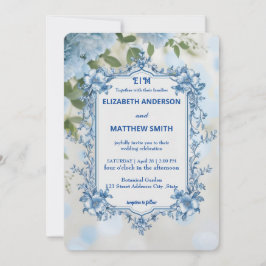 Modern biue & White Overlay Flowers bröllop Inbjudningar