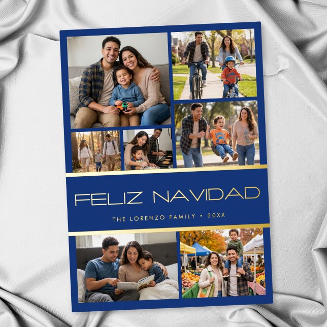 Modern Blå 7 Foto Collage God Jul Julkort (Modern Blue 7 Photo Collage Feliz Navidad Holiday Card)