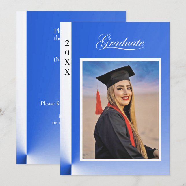 Modern blå abstrakt examensinbjudan - foto inbjudningar (Fram/baksida)