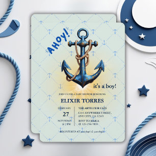 Modern blå Ahoy! Anchor Nautical Baby Shower Inbjudningar
