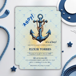 Modern blå Ahoy! Anchor Nautical Baby Shower Inbjudningar