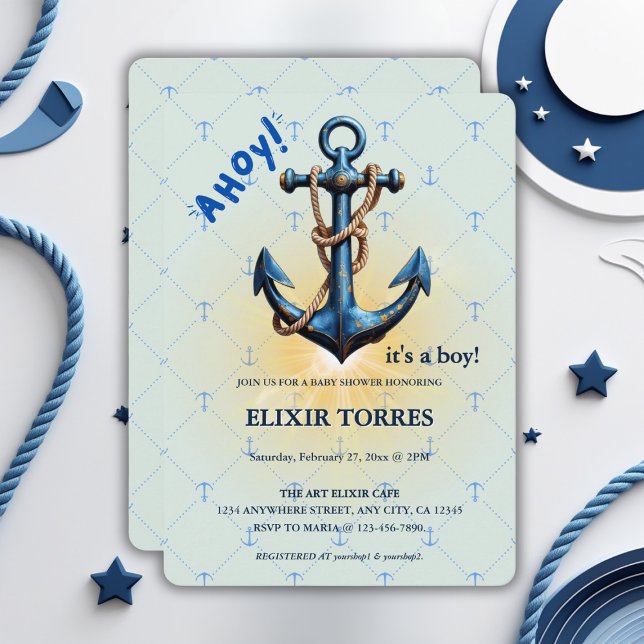 Modern blå Ahoy! Anchor Nautical Baby Shower Inbjudningar (Skapare uppladdad)