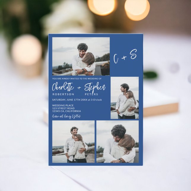 Modern blå avslappnad initialer 5 foton bröllop inbjudningar (Modern blue casual initials 5 photos wedding invitation)