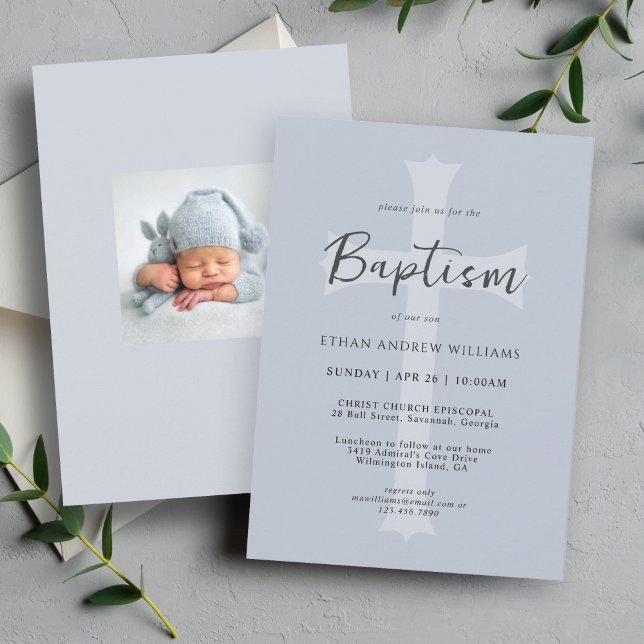 Modern blå Baby-baptism i Kor med foto Inbjudningar (This contemporary styled baptism invitation may be ordered as printed or digital download!)