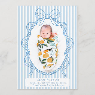 Modern blå båge ram ränder foto baby födelse meddelande