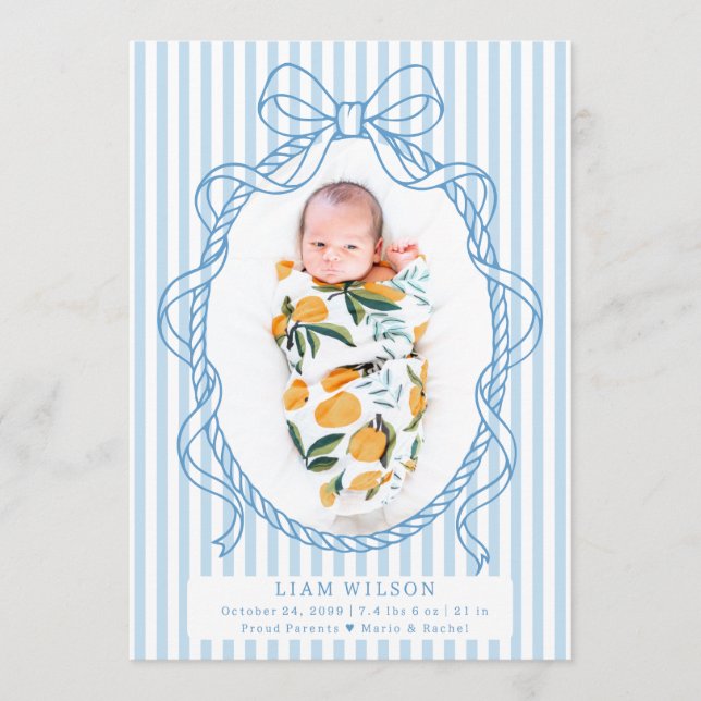 Modern blå båge ram ränder foto baby födelse meddelande (Framsida)